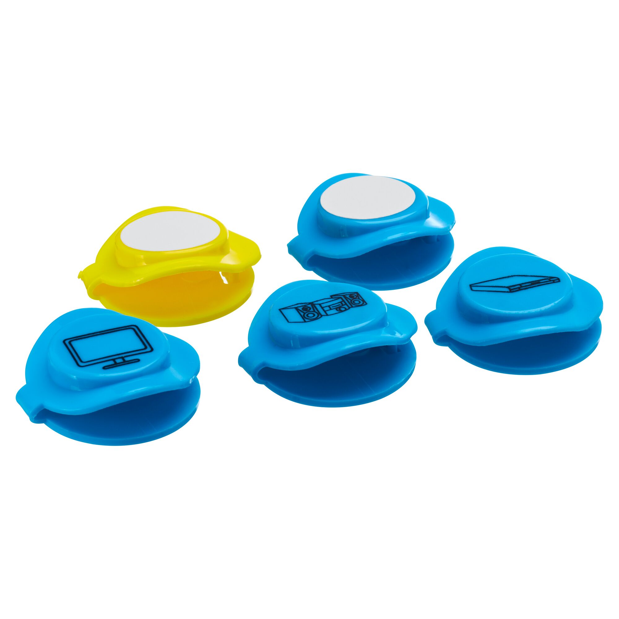 Fünf Kabelclips in Blau und Gelb.