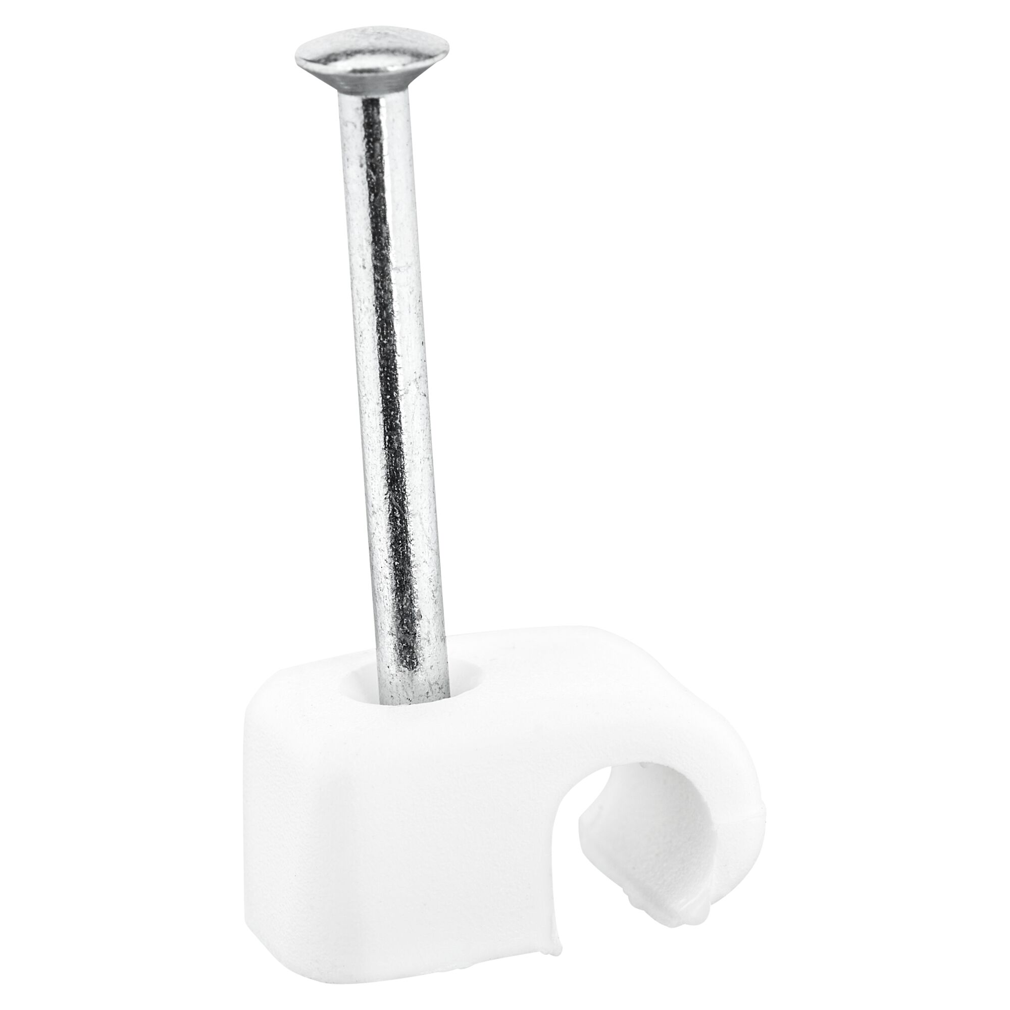 Weiße Kabelschelle mit Nagel