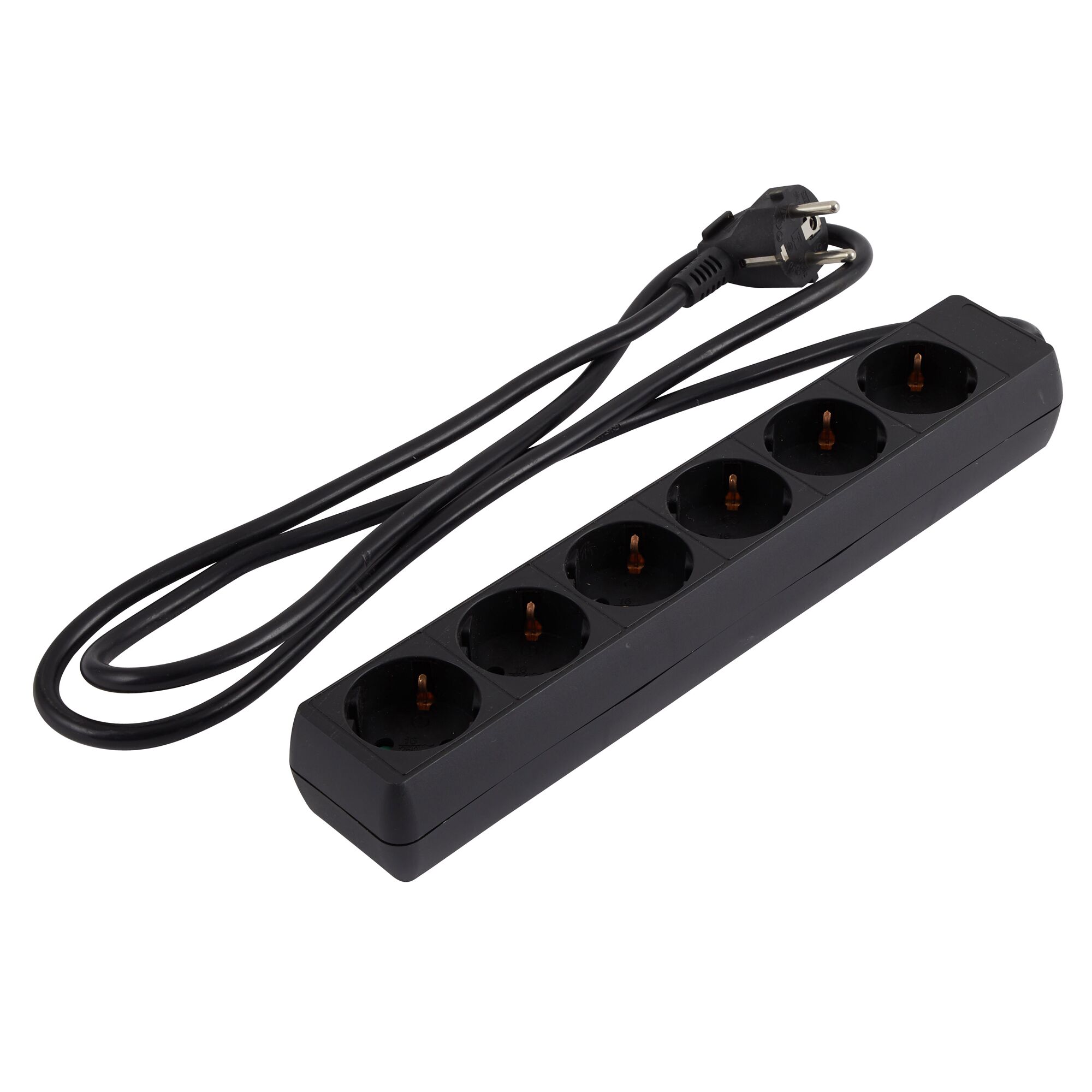 Schwarze Steckerleiste mit sechs Steckplätzen und Kabel
