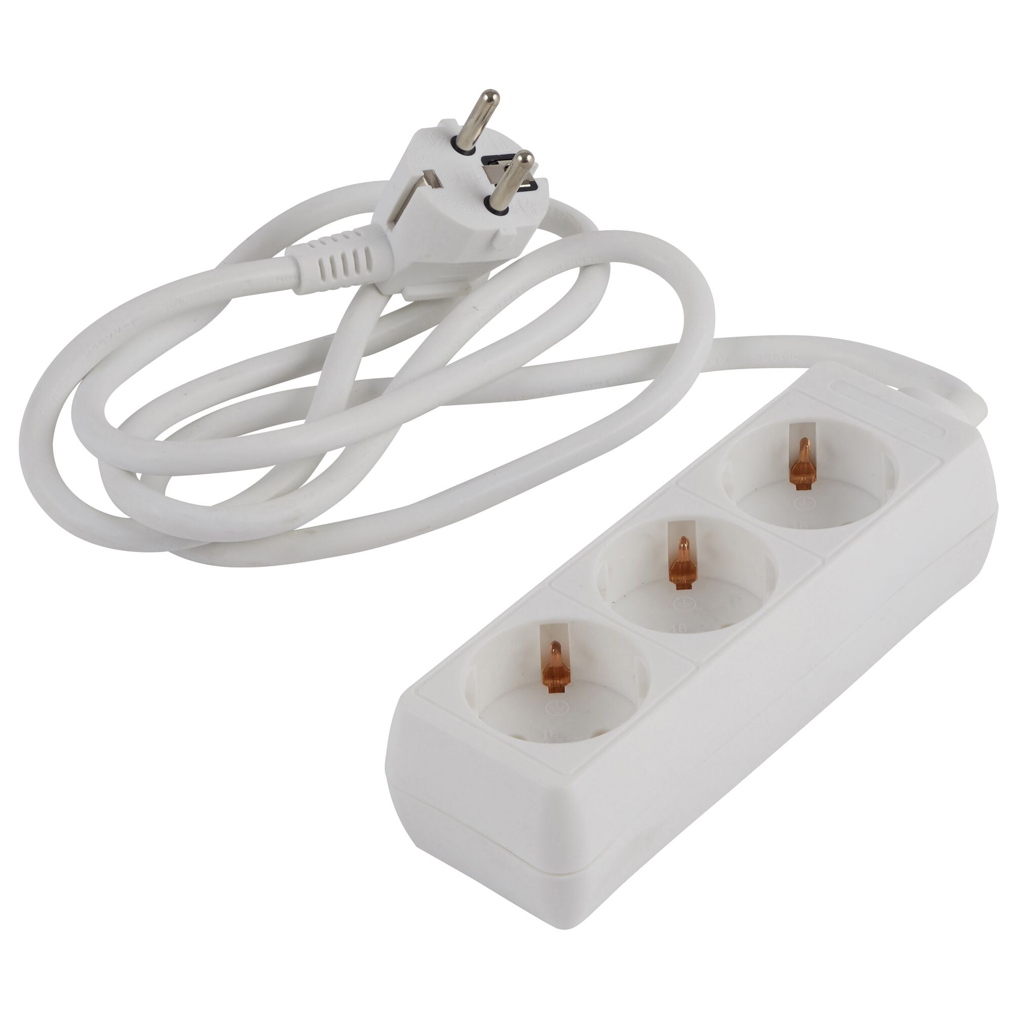 Weiße Steckerleiste mit drei Steckplätzen und Kabel