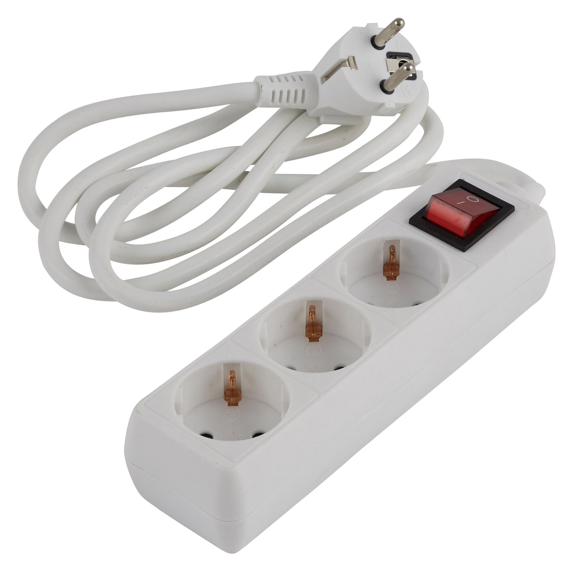 Weiße Steckerleiste mit drei Steckdosen und Schalter.