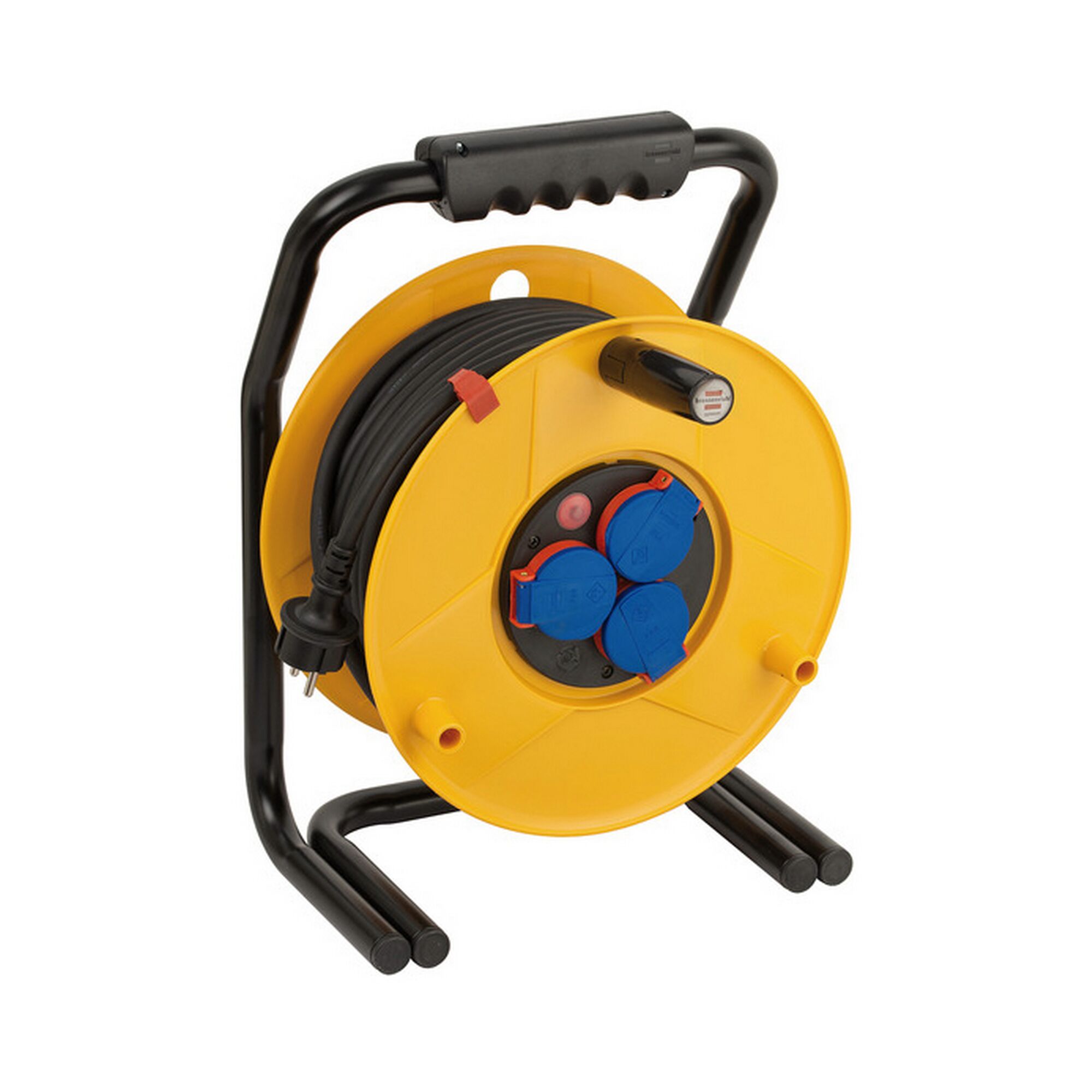 Gelbe Kabeltrommel mit schwarzem Griff und blau-roten Steckdosen.
