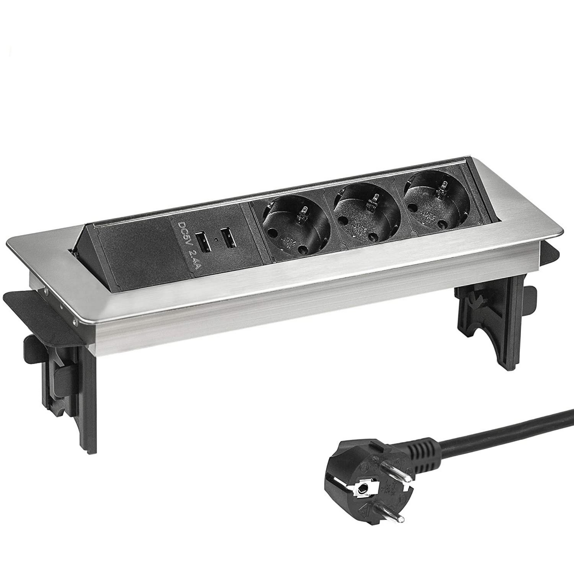 Einklappbare Einbau-Steckdosenleiste mit USB schwarz/silbern 3-fach + product picture