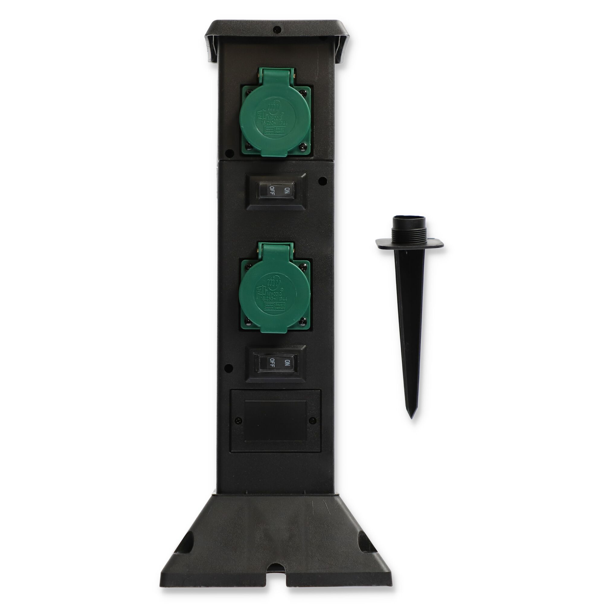 Schwarze Steckdosensäule mit zwei grünen Schutzkontakt-Steckdosen und Erdspieß