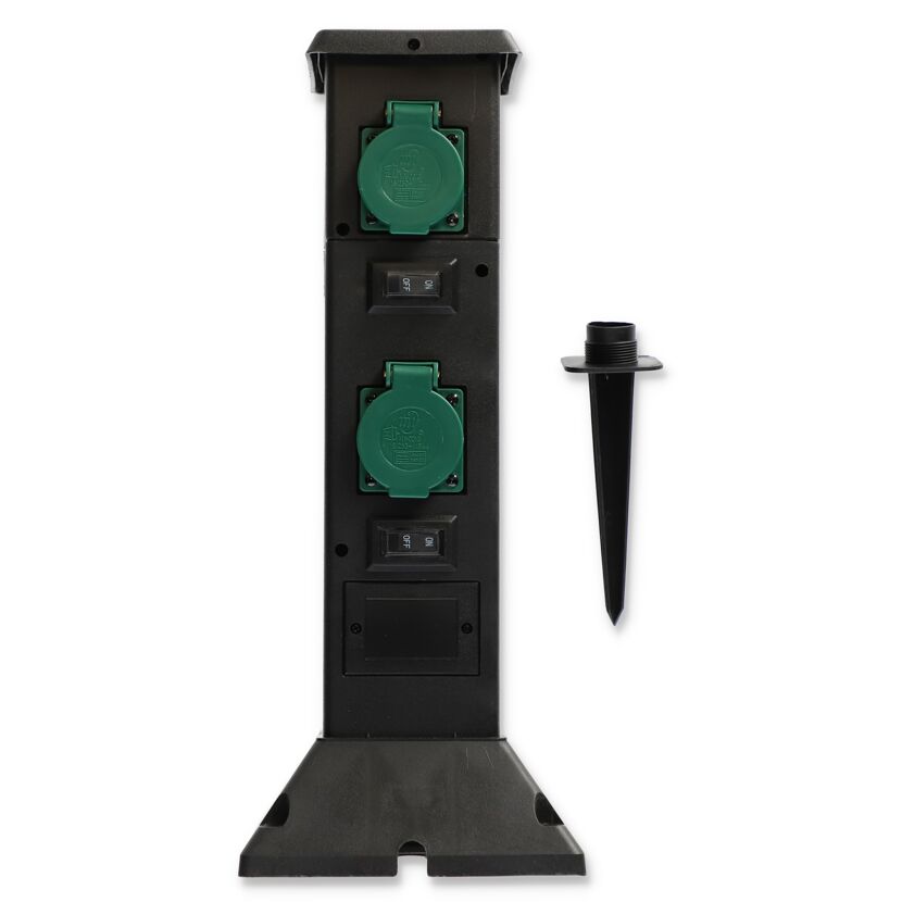 Schwarze Steckdosensäule mit zwei grünen Schutzkontakt-Steckdosen und Erdspieß