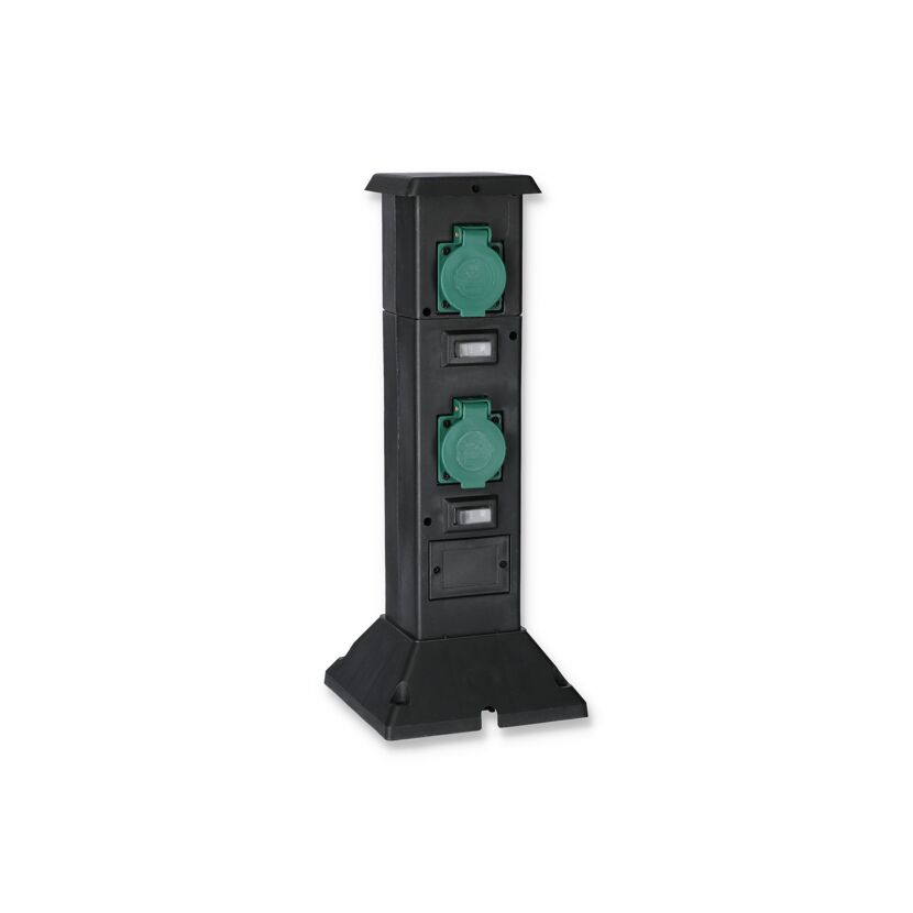 Schwarze Steckdosensäule mit zwei grünen Schutzkappen