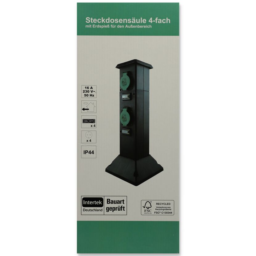 Schwarze Steckdosensäule mit 4 Steckdosen.