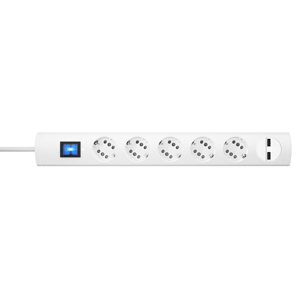 Weiße Steckerleiste mit fünf Steckdosen und zwei USB-Anschlüssen.