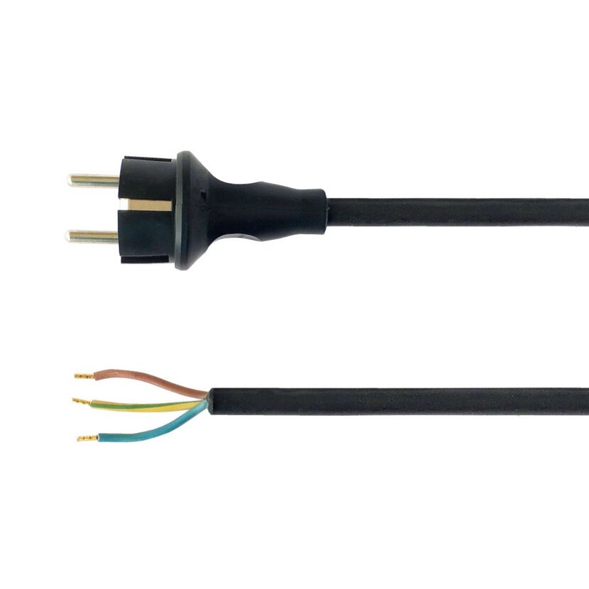 Schwarzes Kabel mit Schuko-Stecker und offenen Kabelenden