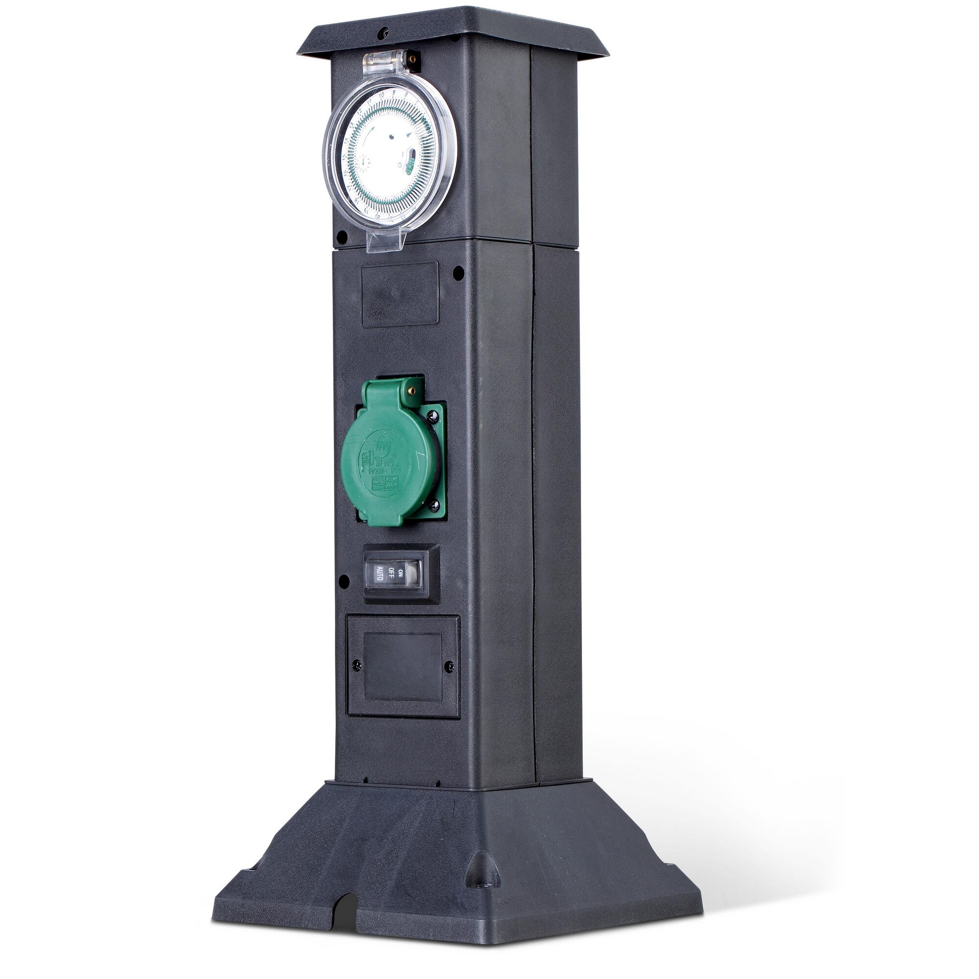Schwarze Steckdosensäule mit grüner Außensteckdose und Zeitschaltuhr.