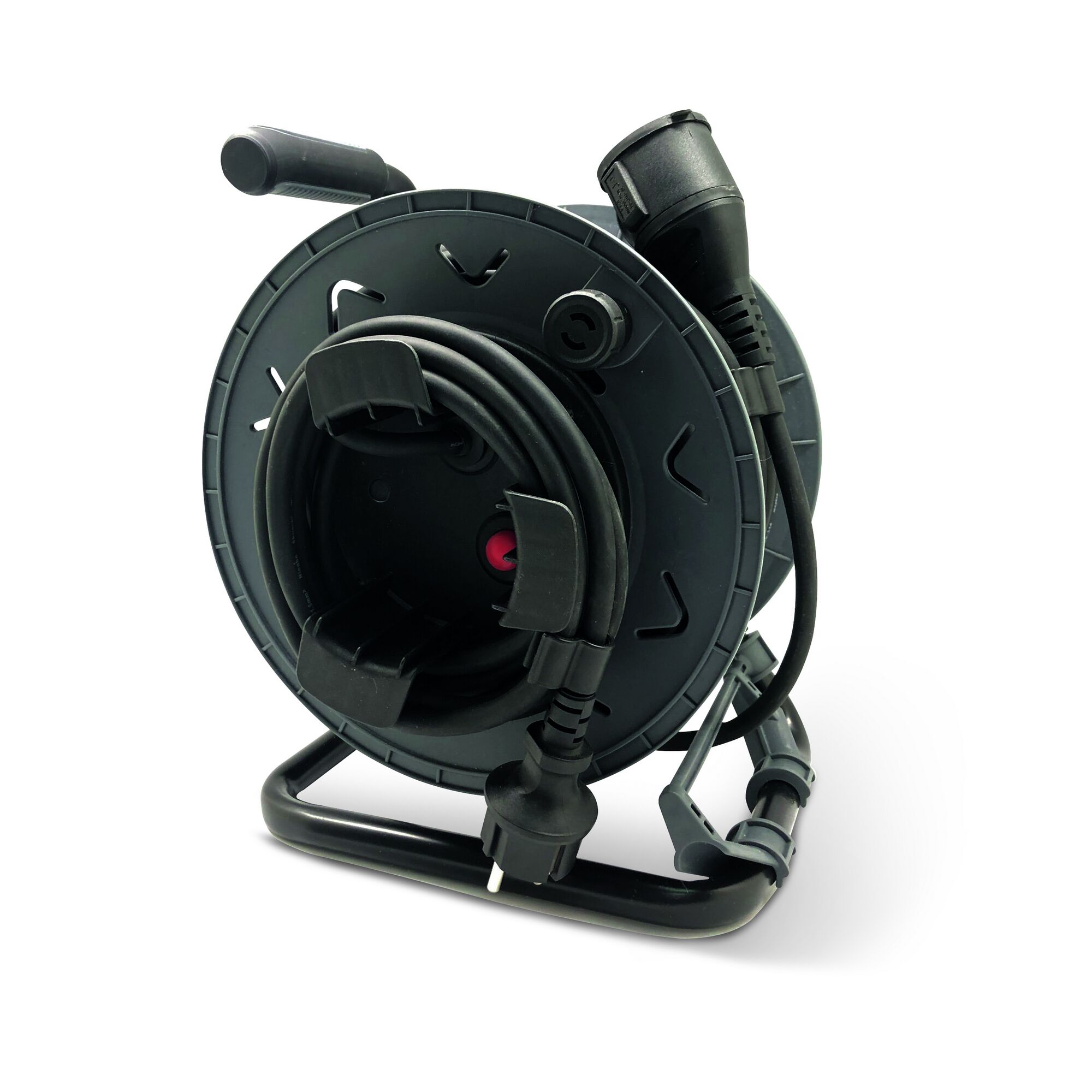 Schwarze Kabeltrommel mit Kurbel