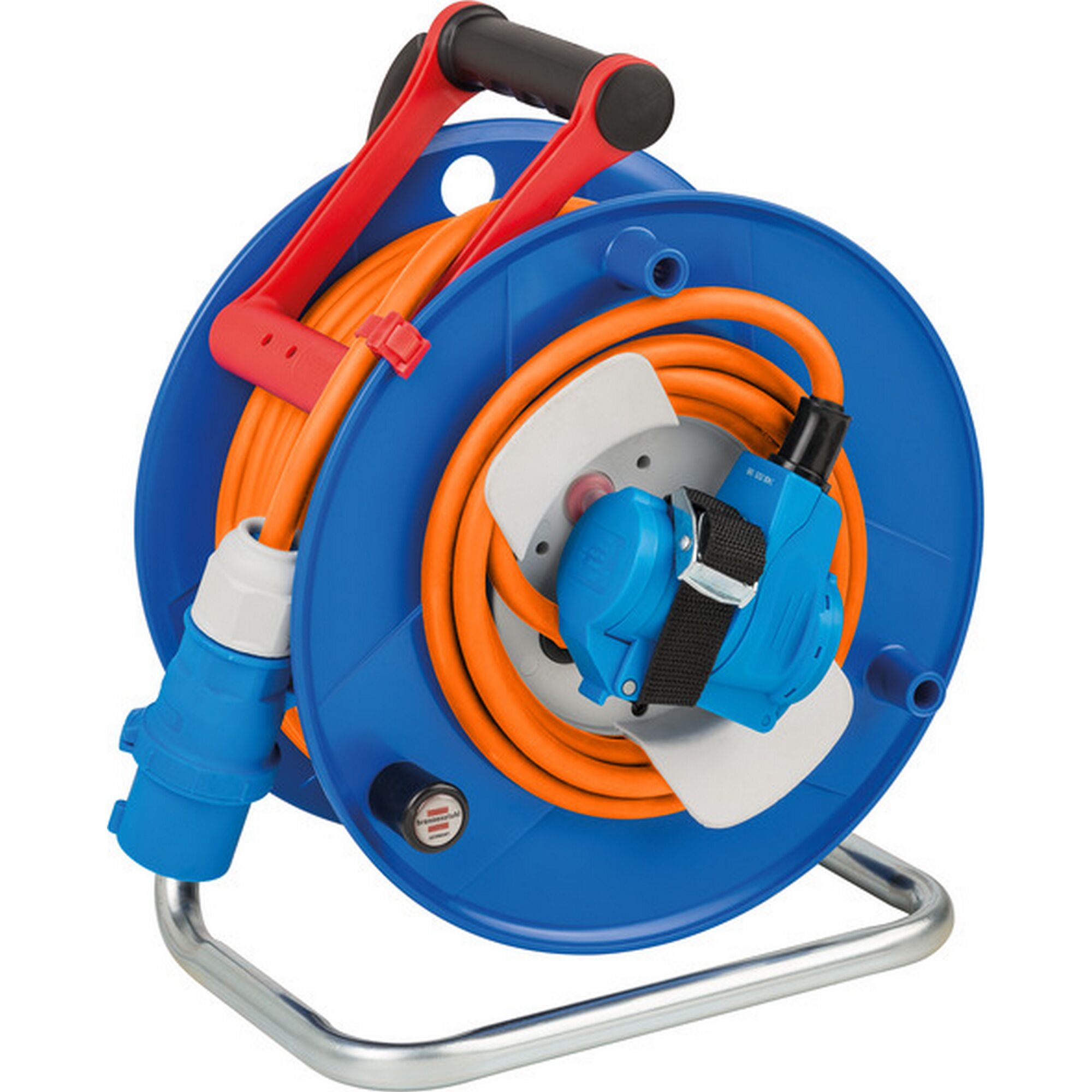 Blau-rote Kabeltrommel mit orangefarbenem Kabel