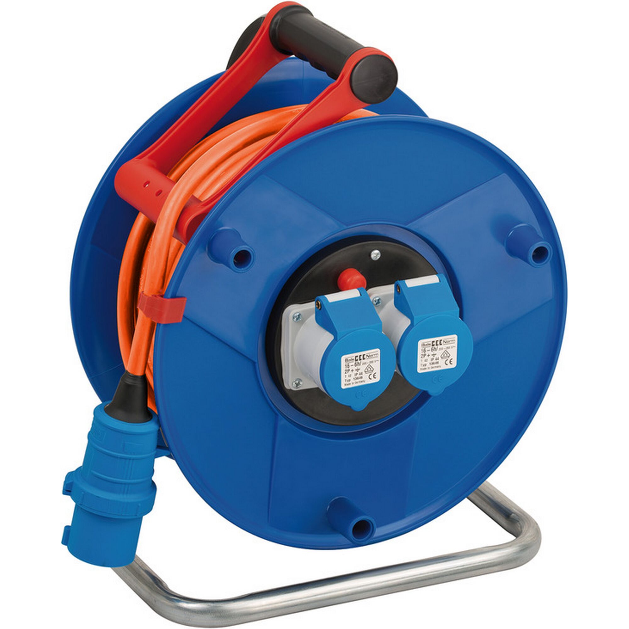 Blaue Kabeltrommel mit orangefarbenem Kabel