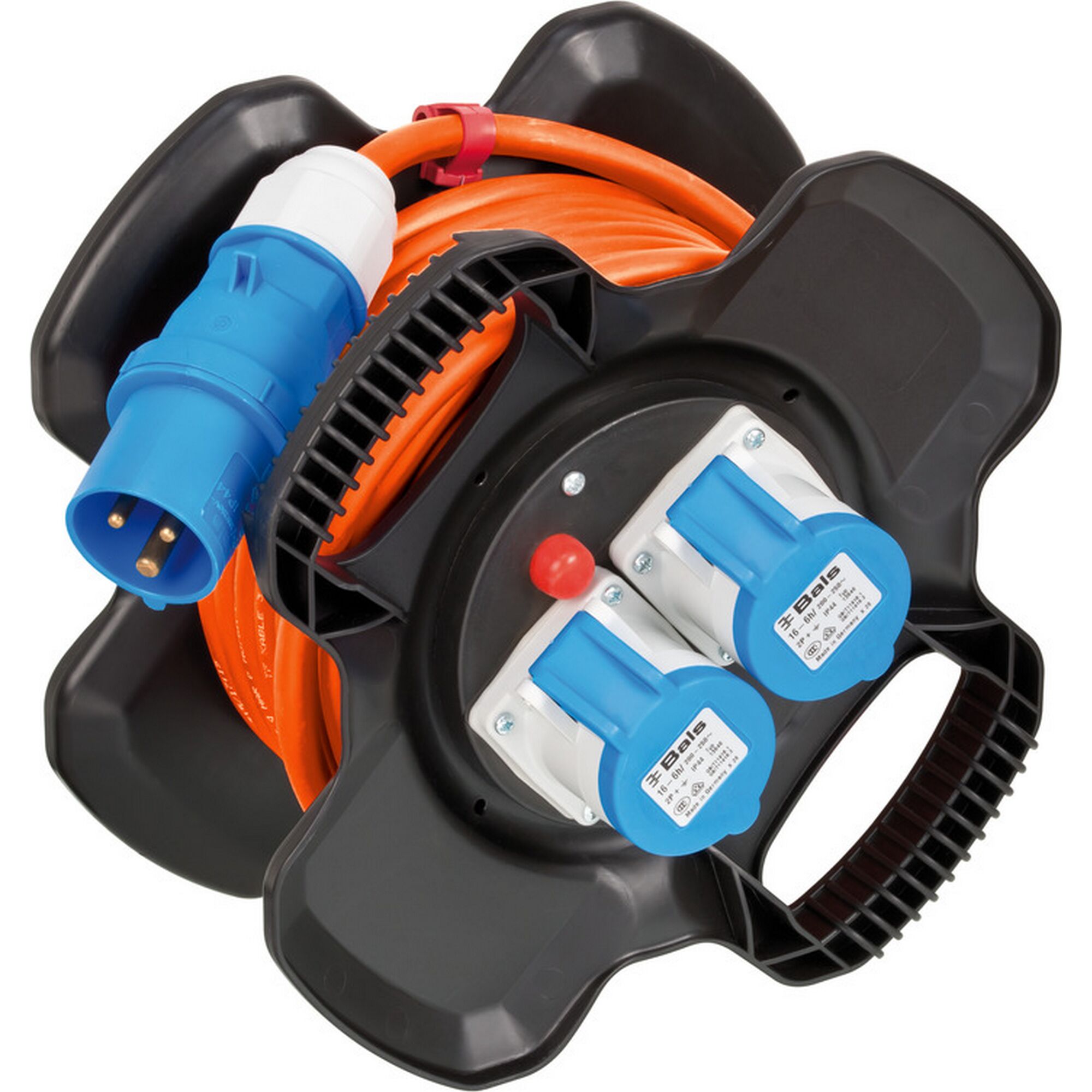 Orange Kabeltrommel mit zwei blauen Steckdosen und blauem Stecker