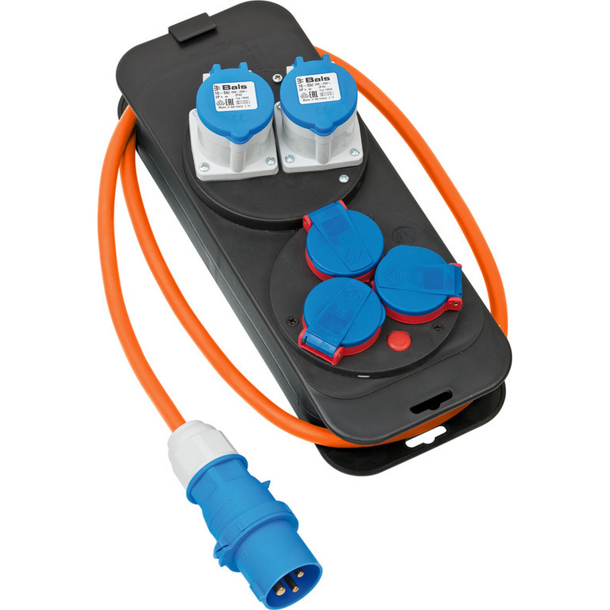 Stromstation 230V CEE mit orangenem Kabel und blauem Stecker