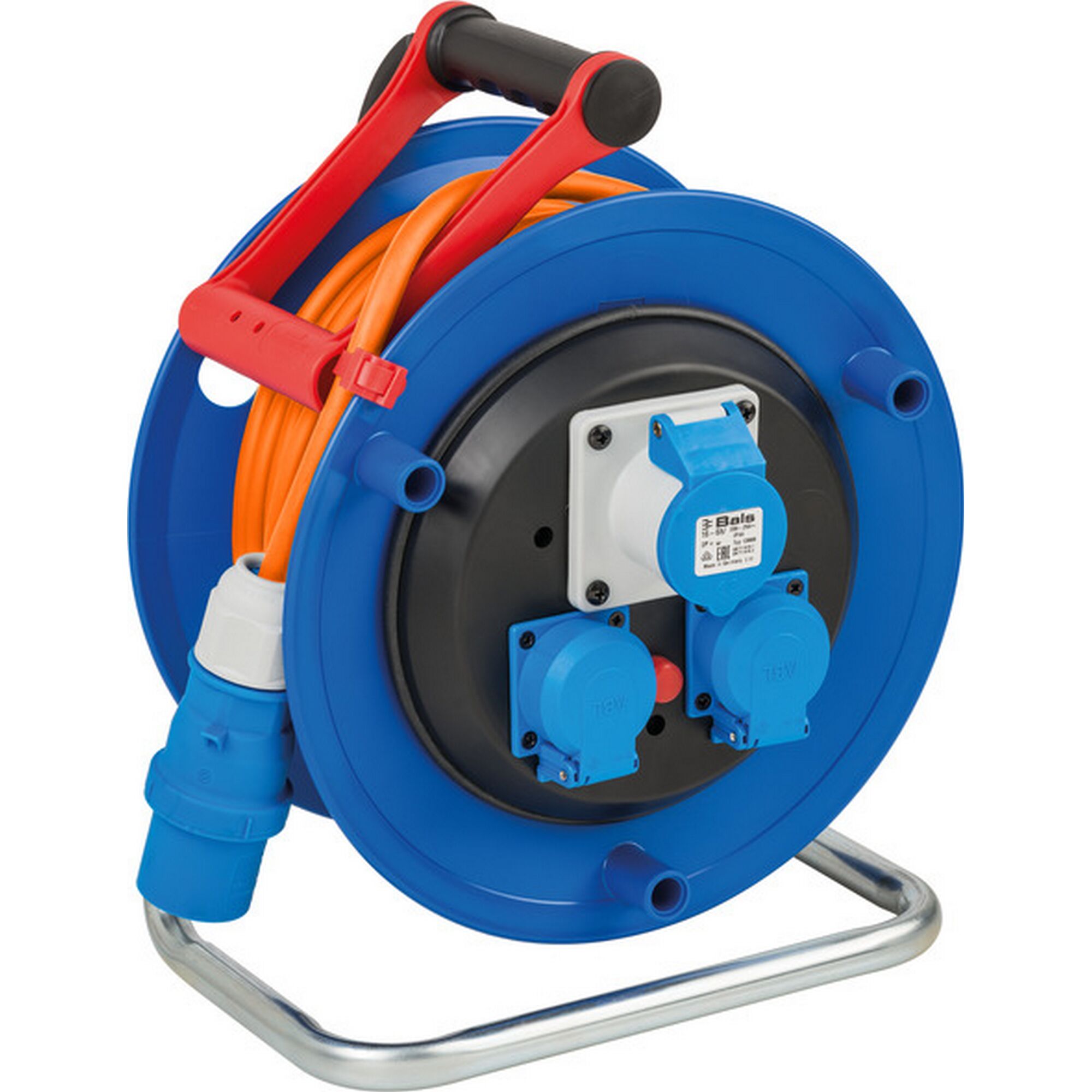 Blaue Kabeltrommel mit orangem Kabel