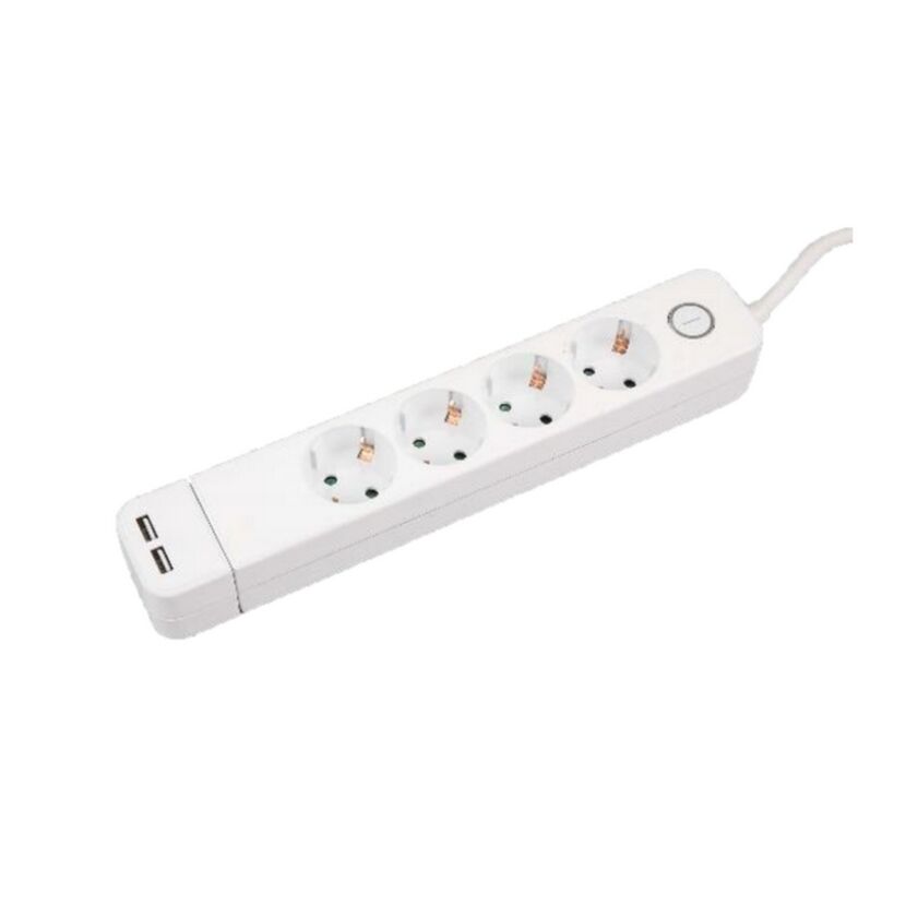 Weiße Steckerleiste mit vier Steckdosen und zwei USB-Anschlüssen.