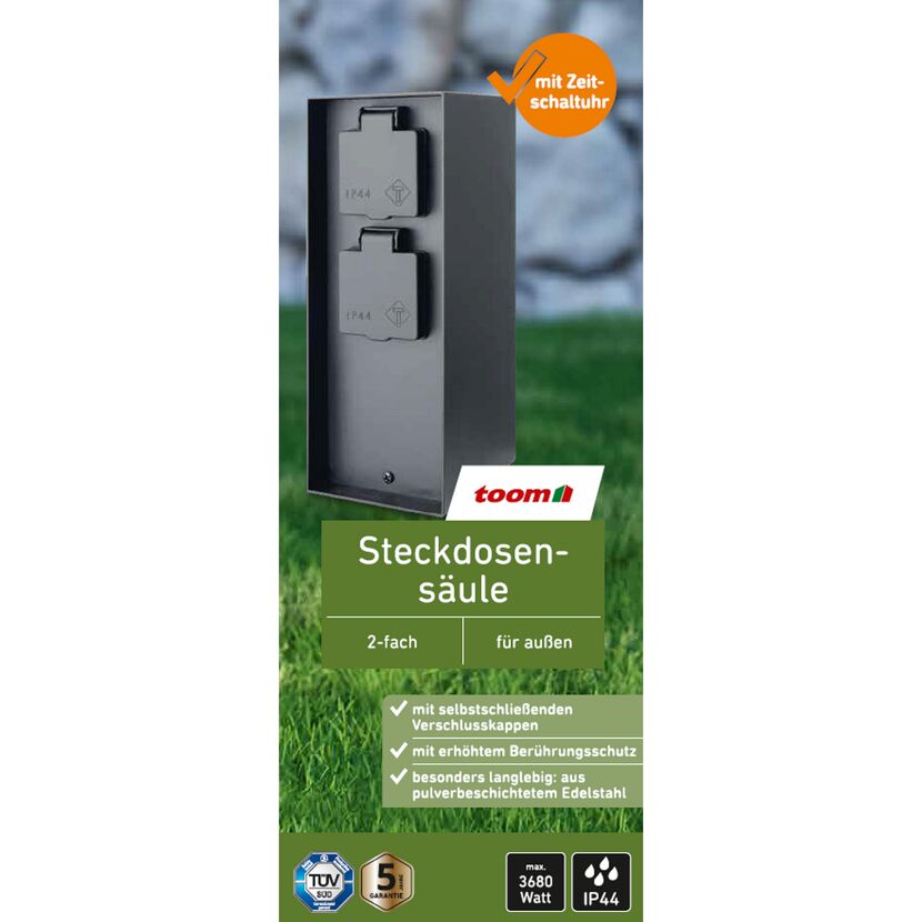 Schwarze Steckdosensäule für außen, zwei Steckdosen, IP44