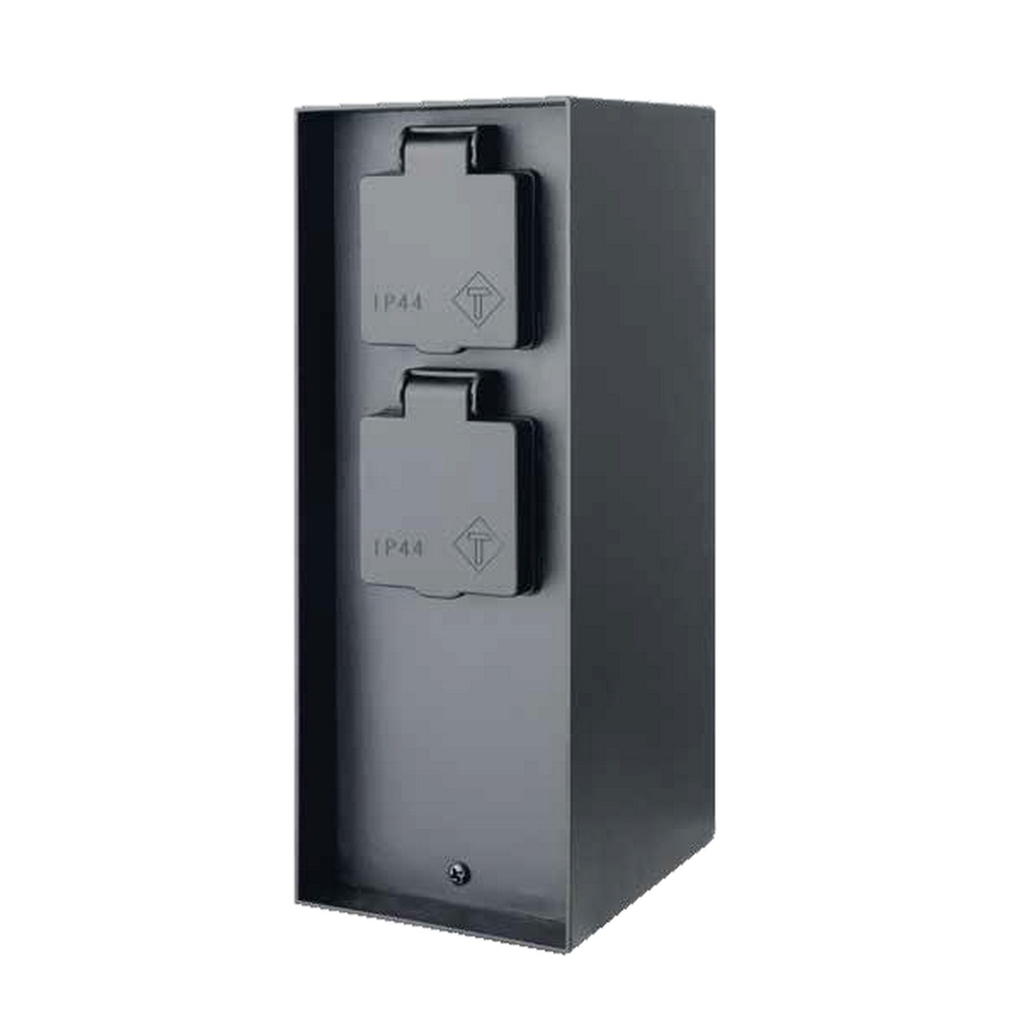 Schwarze Steckdosensäule mit zwei Steckdosen und IP44-Schutz