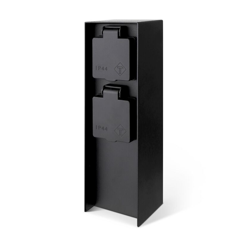 Schwarze Steckdosensäule mit zwei Steckdosen und Schutzklappen.