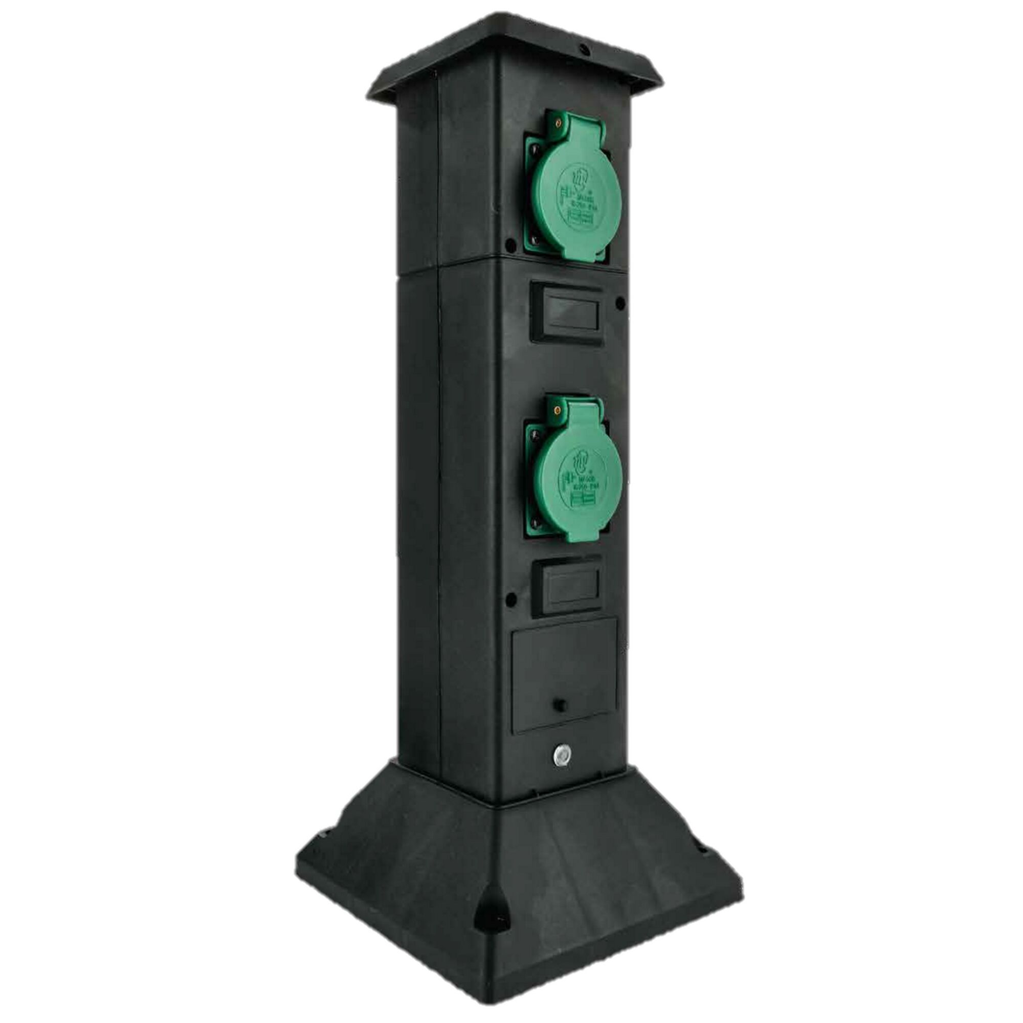 Schwarze Steckdosensäule mit zwei grünen CEE-Steckdosen.