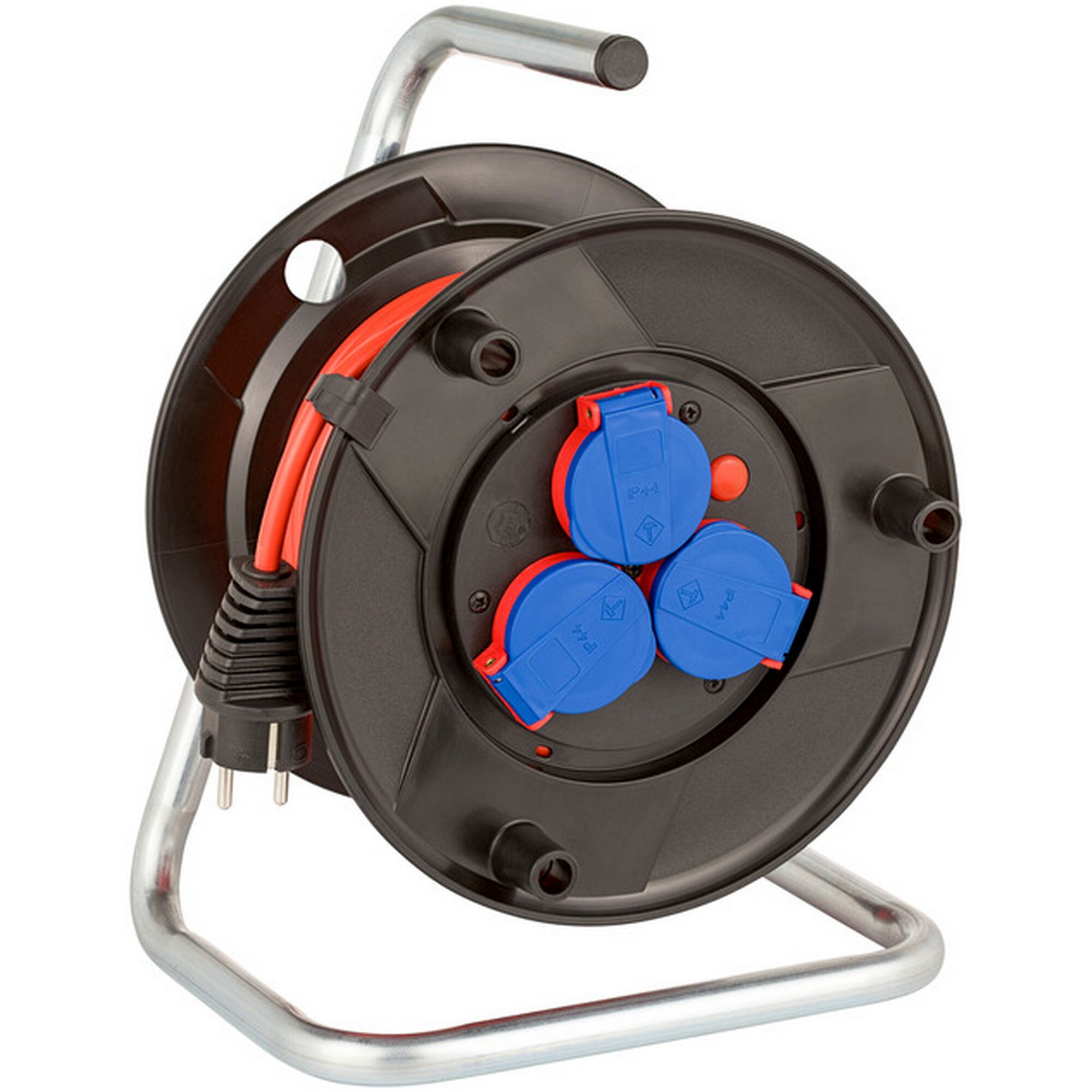 Kabeltrommel mit drei blauen Schutzkontakt-Steckdosen