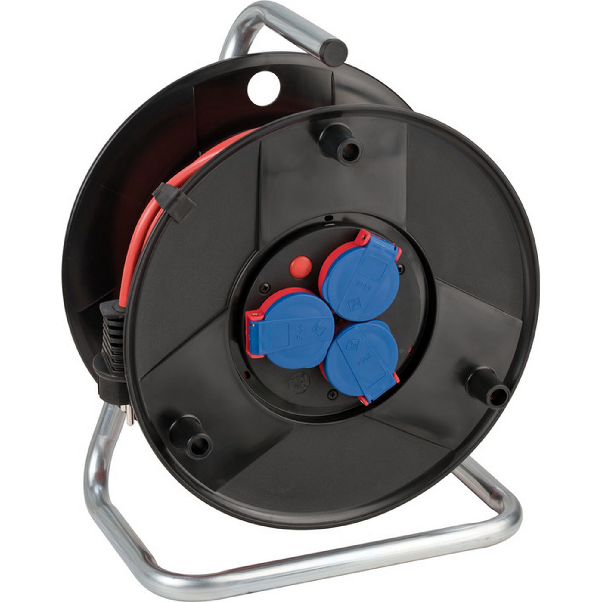 Kabeltrommel mit drei blauen Steckdosen und rotem Kabel