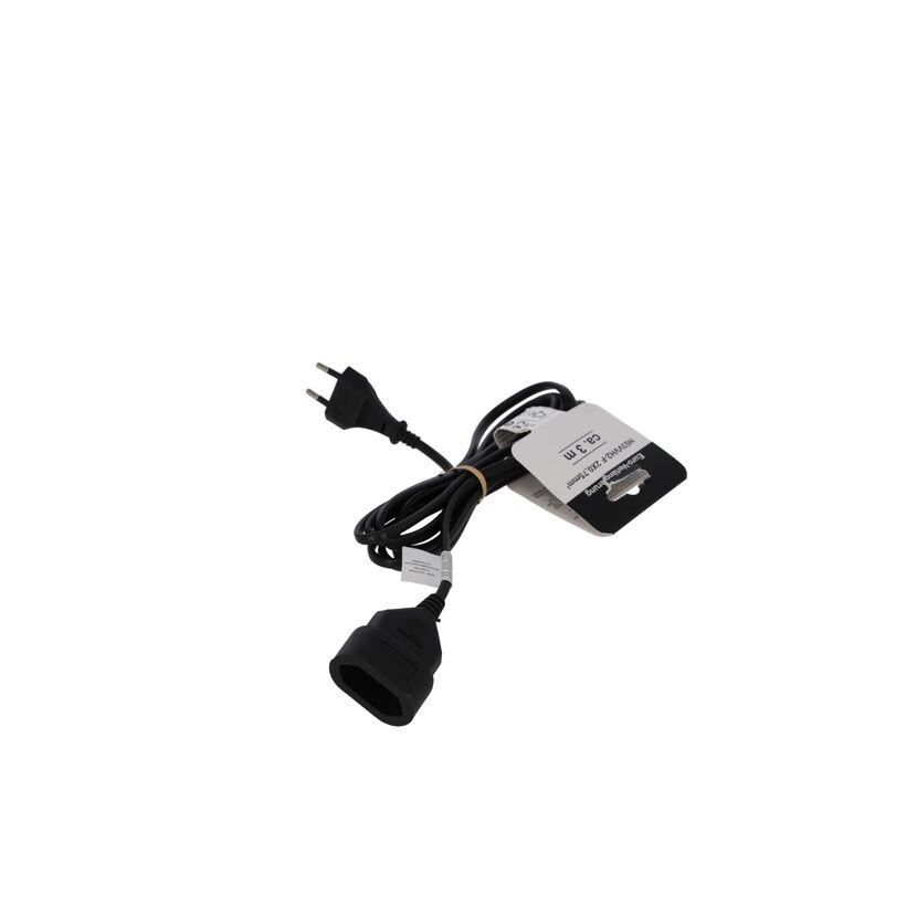 Schwarze Euro-Verlängerung 3 m mit Stecker und Kupplung.