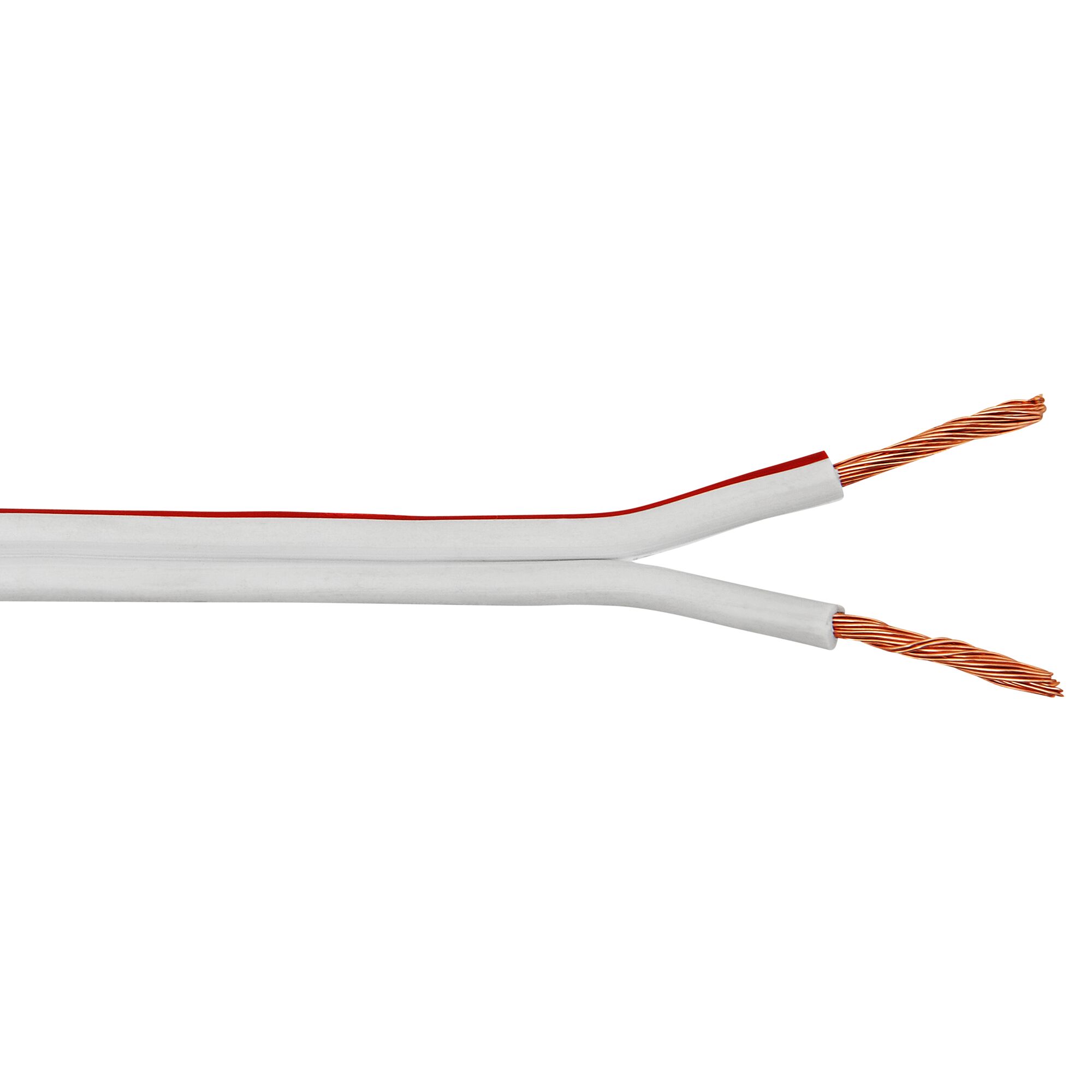 Weißes Lautsprecherkabel mit zwei abisolierten Kupferenden