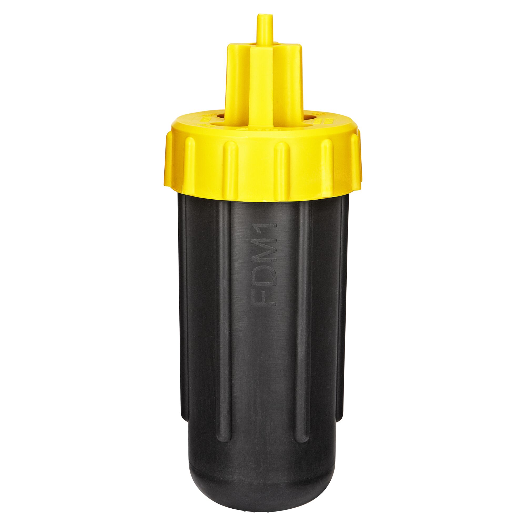 Schwarze Dosenmuffe FDM1 für Erdkabel mit gelbem Deckel