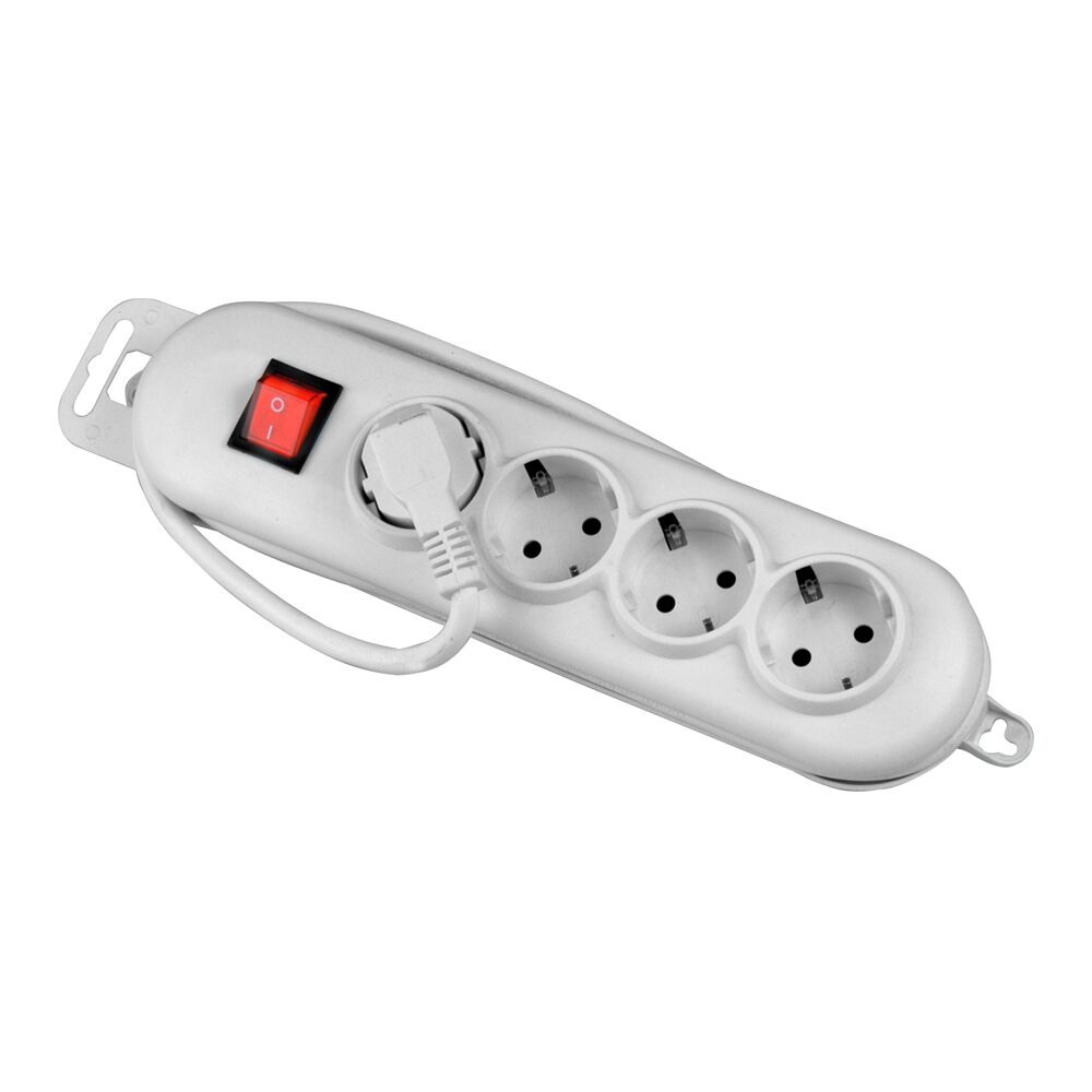 Weiße Steckdosenleiste mit vier Steckdosen und Schalter