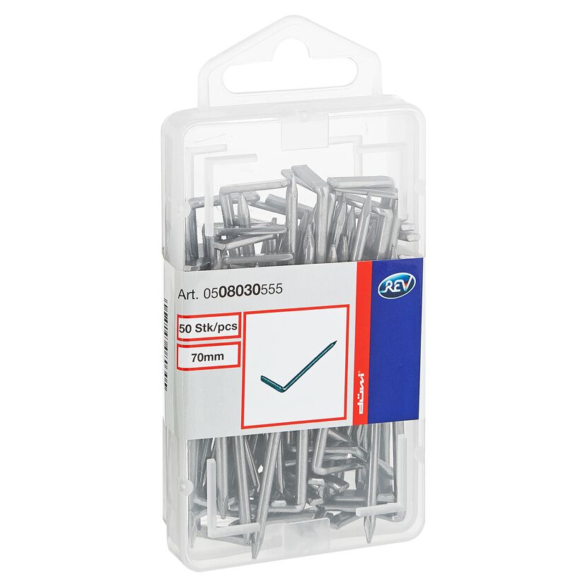 50 Hakennägel aus Stahl, 70 mm lang, in durchsichtiger Verpackung
