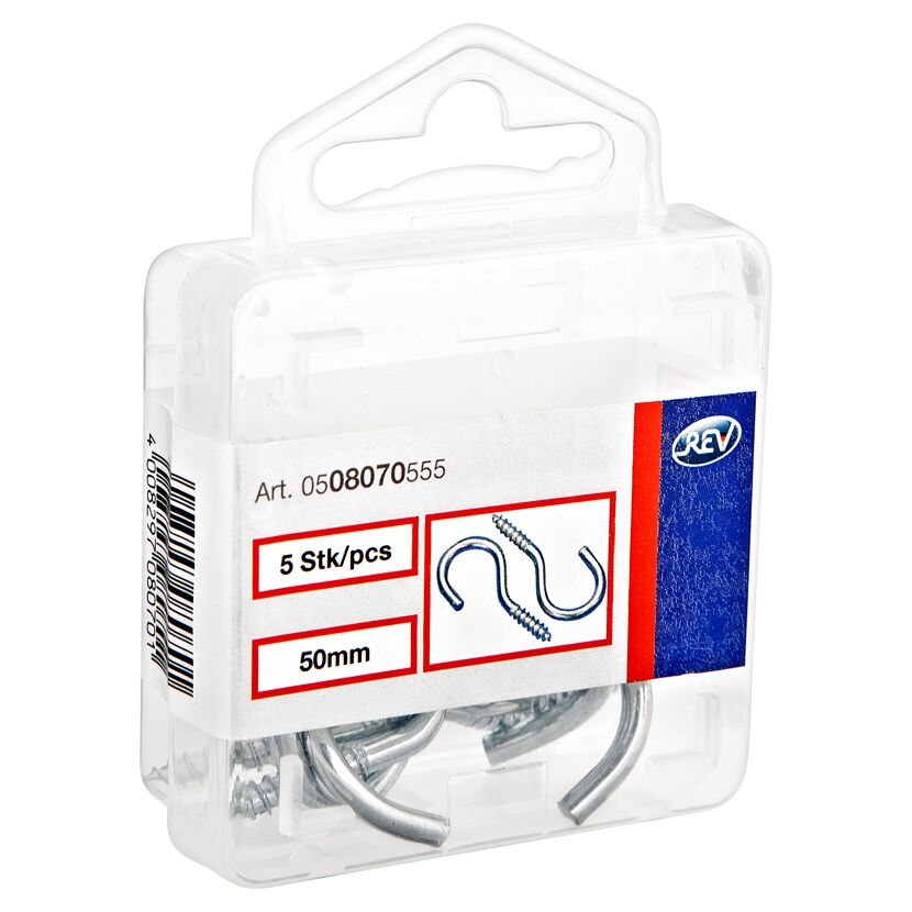 Fünf Deckenhaken 50 mm in Verpackung