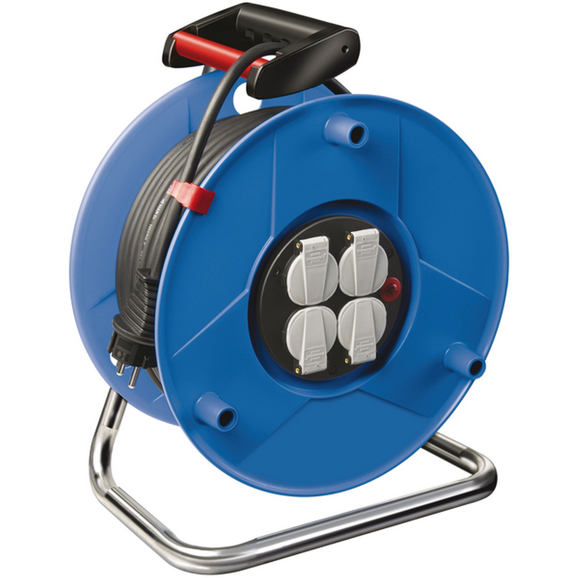 Blaue Kabeltrommel mit vier Steckdosen und Tragegriff
