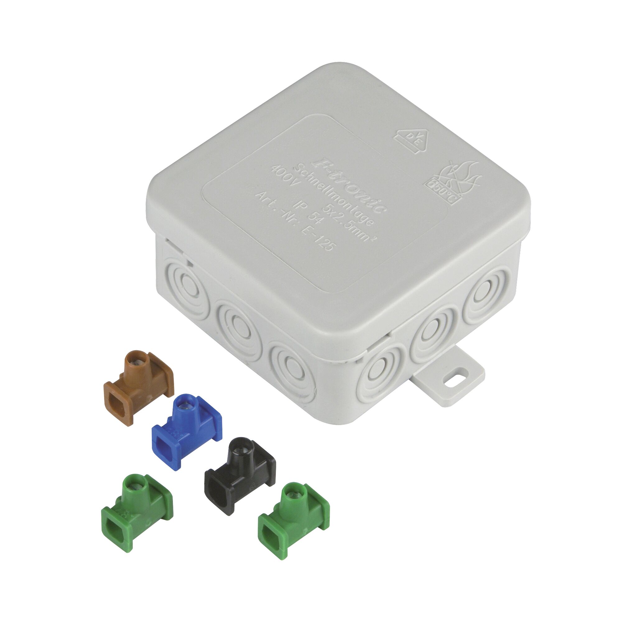 Grauer Abzweigkasten mit Steckverbindungen