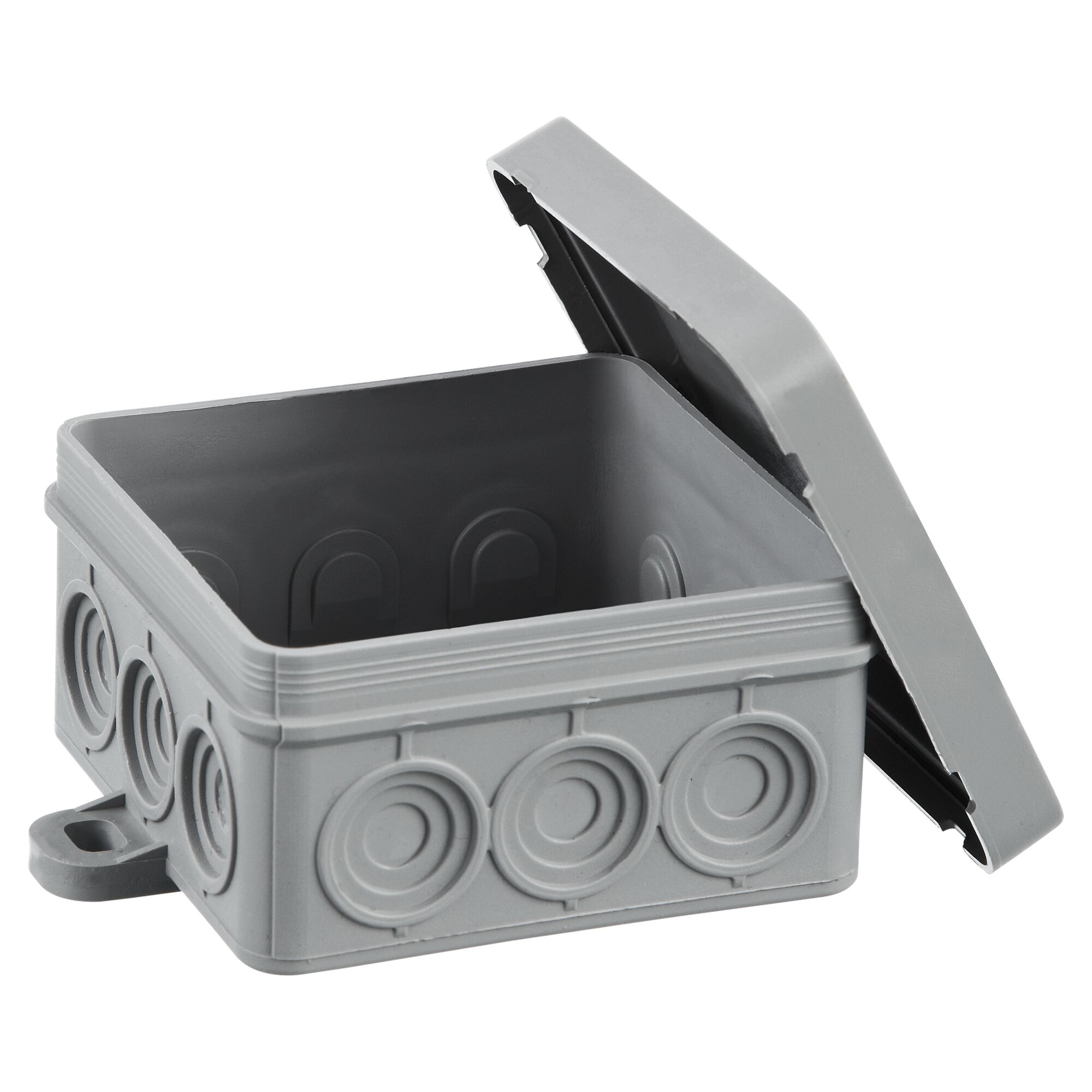 Grauer Abzweigkasten mit geöffnetem Deckel