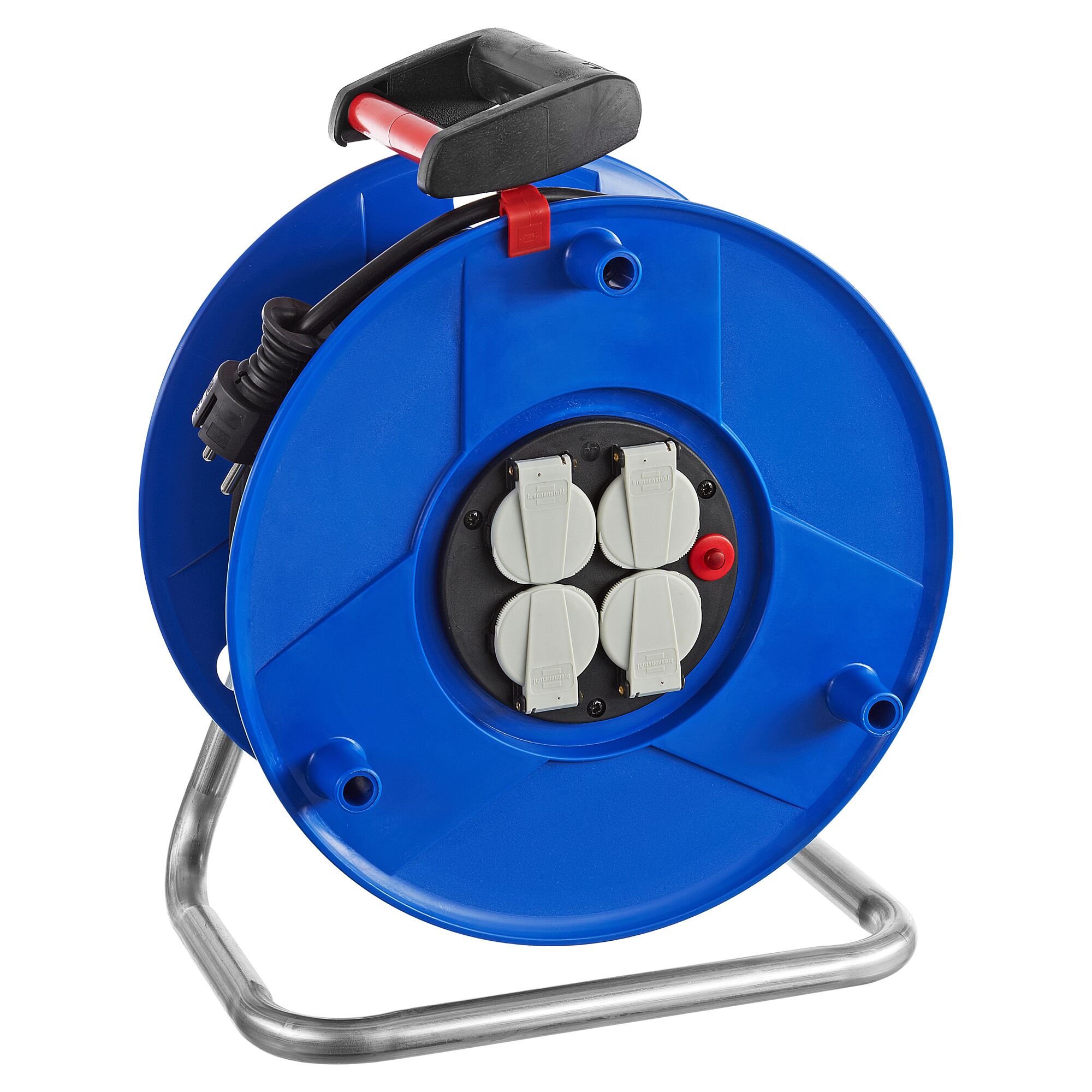 Blaue Kabeltrommel mit vier Steckdosen und Tragegriff