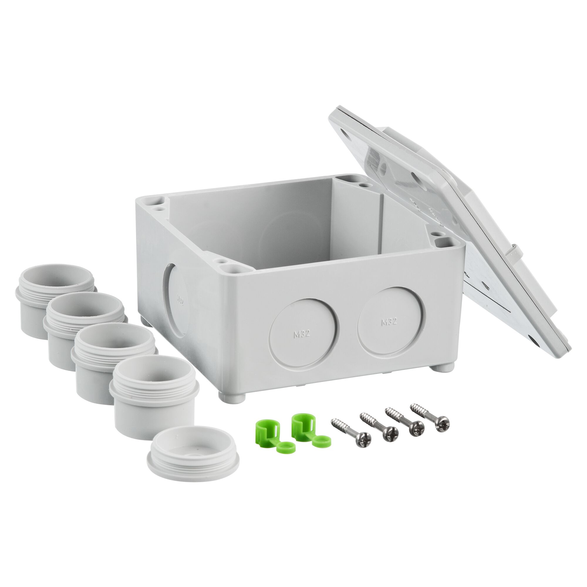 Grauer Abzweigkasten mit Zubehör.