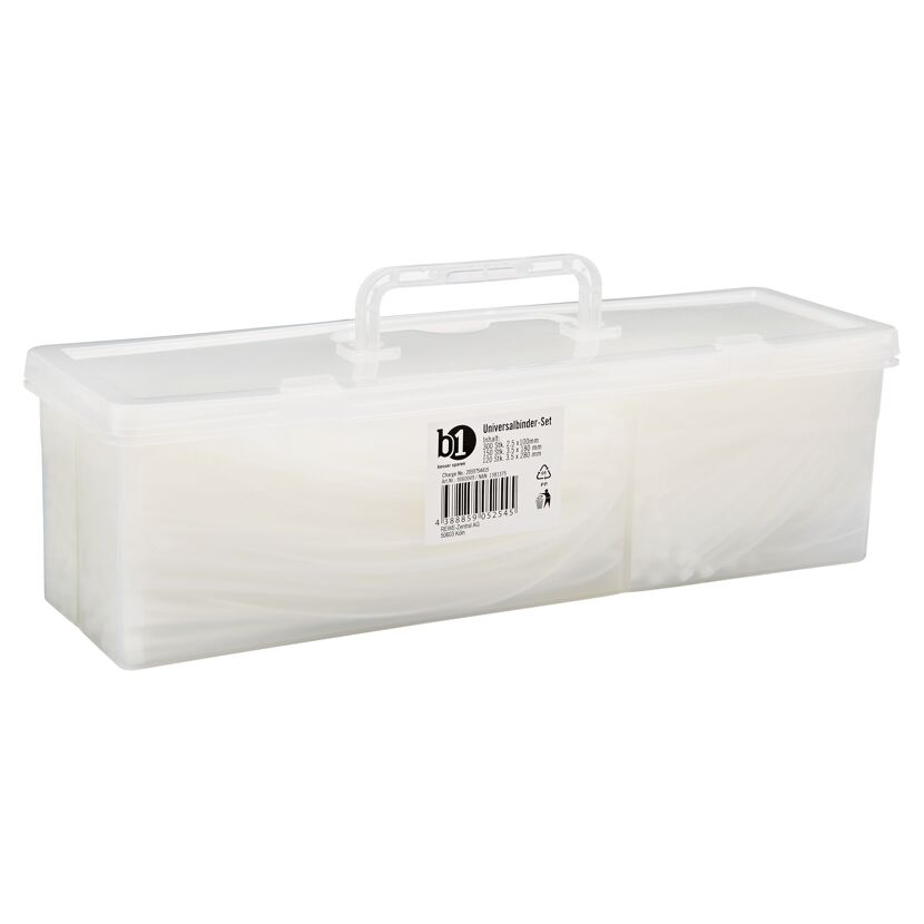 b1 Universalbinder-Set in einer durchsichtigen Kunststoffbox.