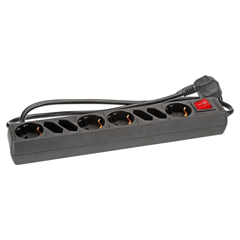 Schwarze Steckdosenleiste mit Schalter und Kabel