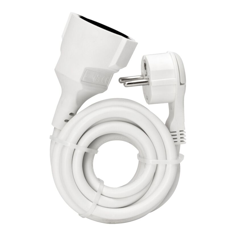 Weißes Verlängerungskabel mit Schuko-Stecker und -Kupplung