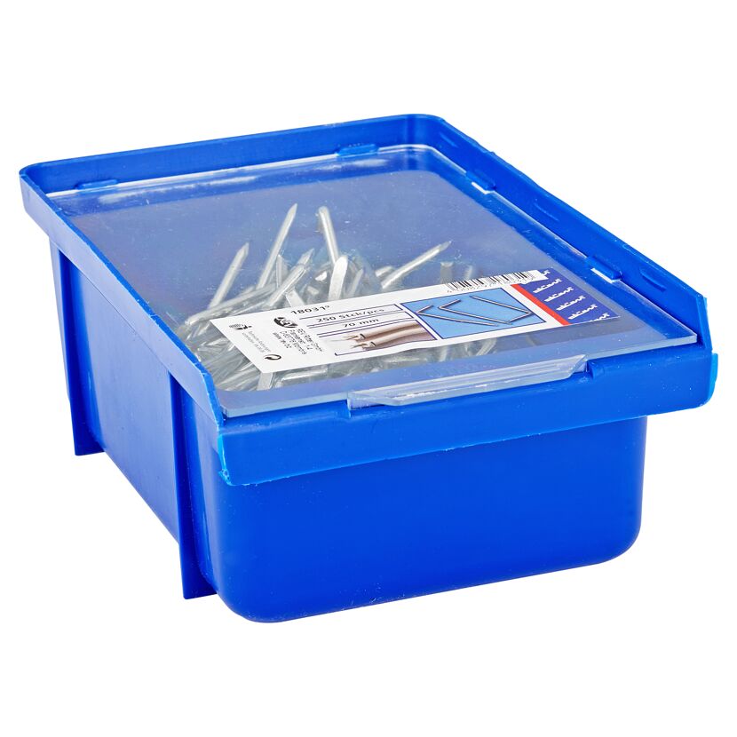 250 Hakennägel in blauer Sortierbox
