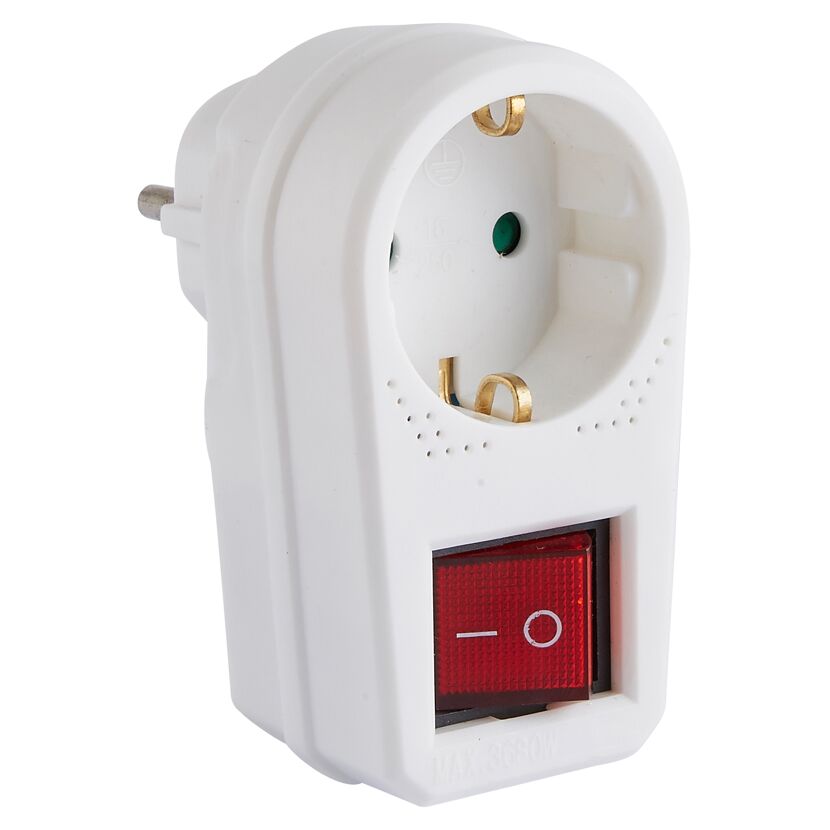 Schutzkontakt-Adapter mit Schalter und rotem Knopf