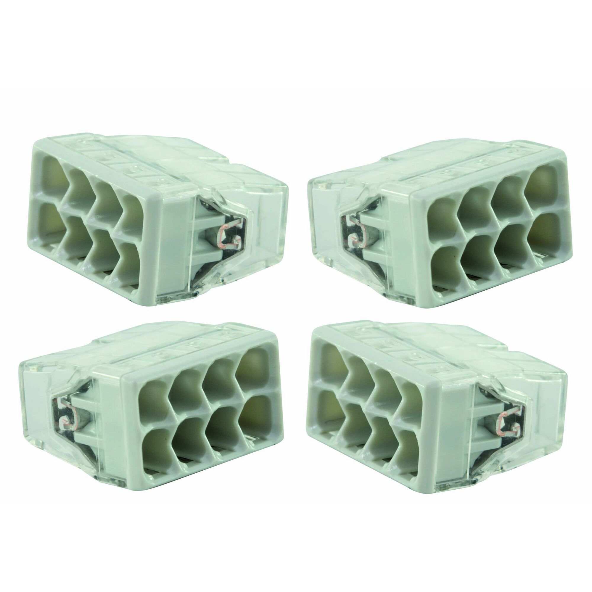 Vier weiße WAGO-Klemmen, 8-polig