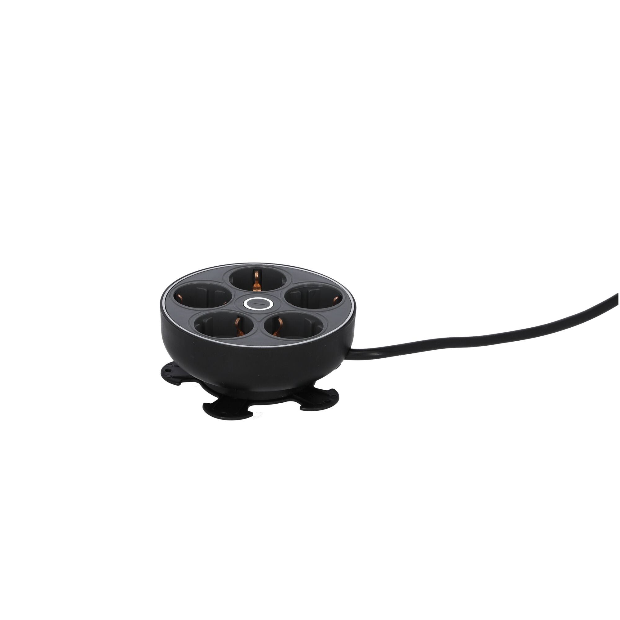 Schwarze runde Mehrfachsteckdose mit fünf Steckplätzen