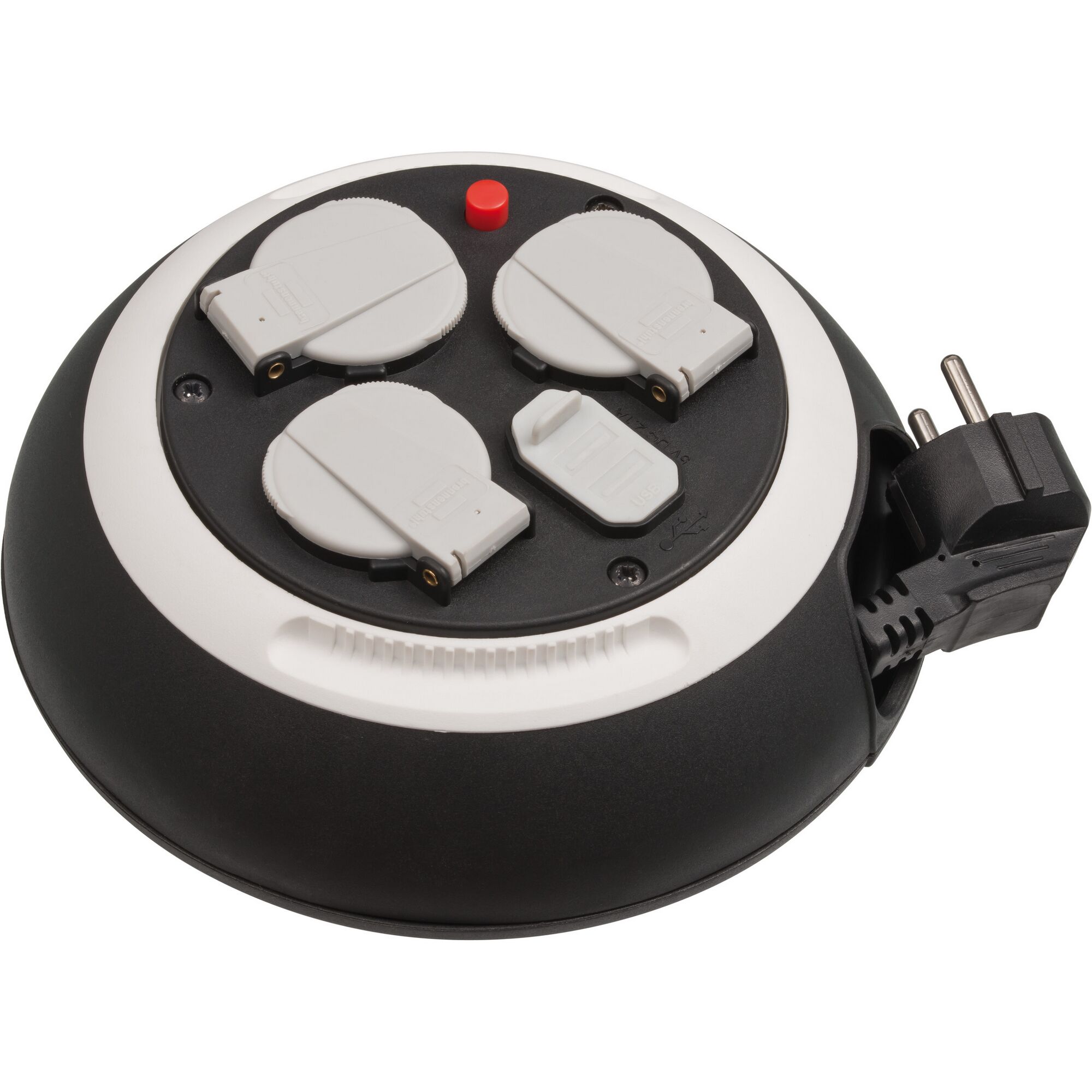 Kabeltrommel mit drei Steckdosen und USB-Anschluss