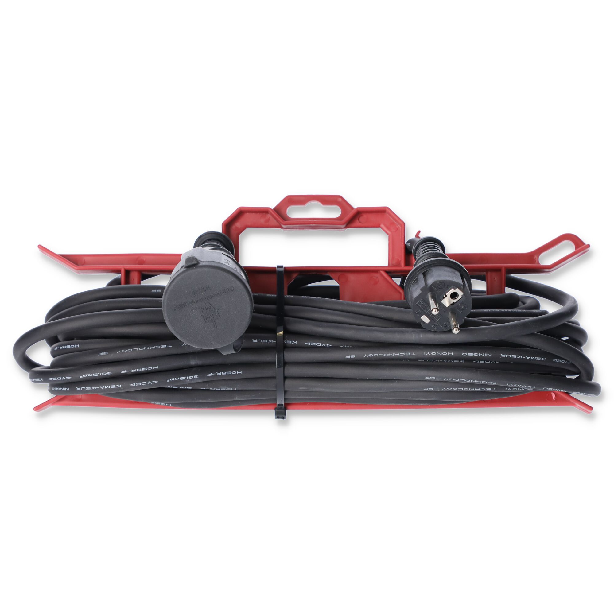 Aufgerolltes schwarzes Verlängerungskabel mit rotem Kabelhalter