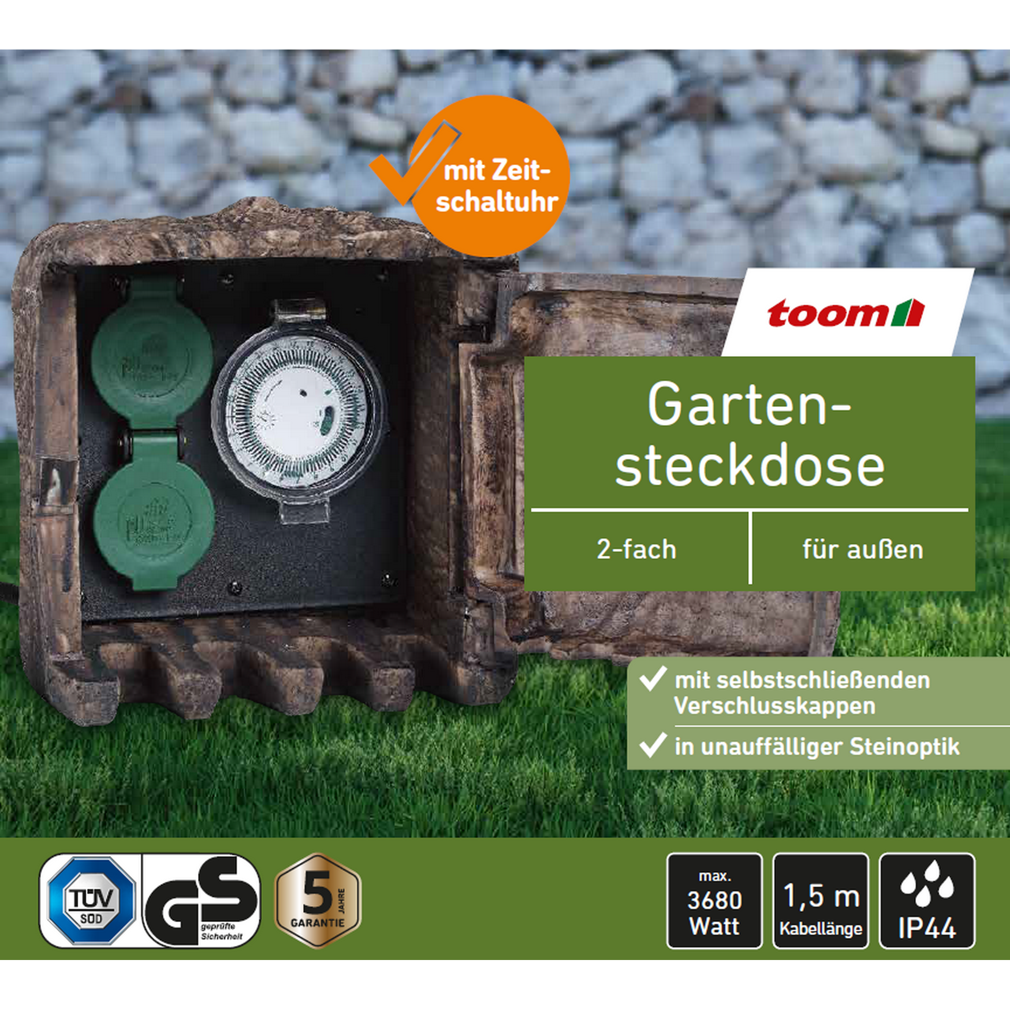 Gartensteckdose mit Zeitschaltuhr Steinoptik grau 2-fach + product picture