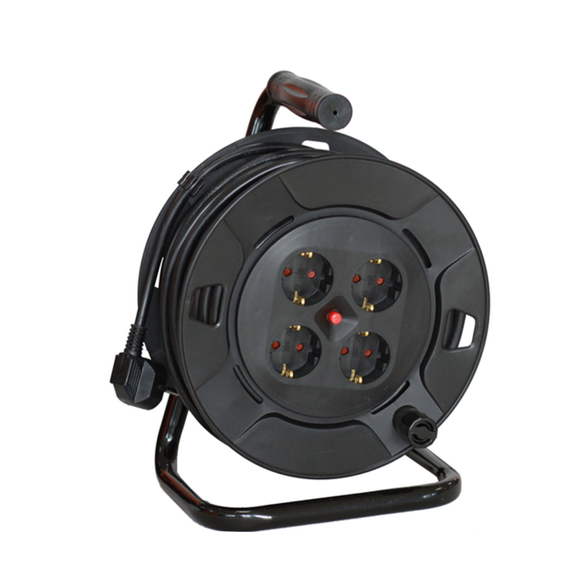 Schwarze Kabeltrommel mit vier Steckdosen und Griff