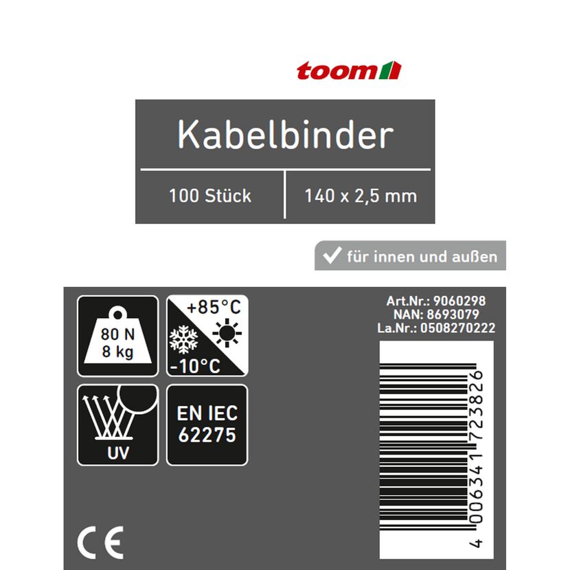 100 Stück Kabelbinder, 140 x 2,5 mm, für innen und außen